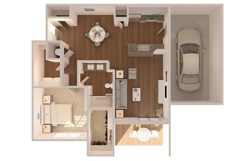 Floor plan for 1 bed, 1 bath, 889 sqft